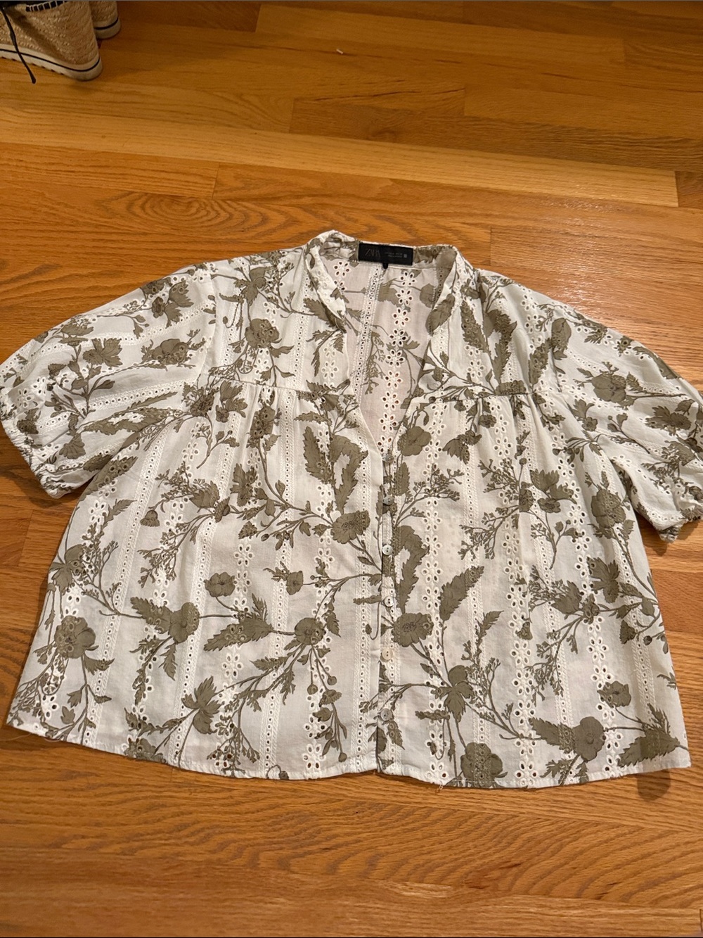 Zara White Eyelet Blouse with Olive Green Floral Print